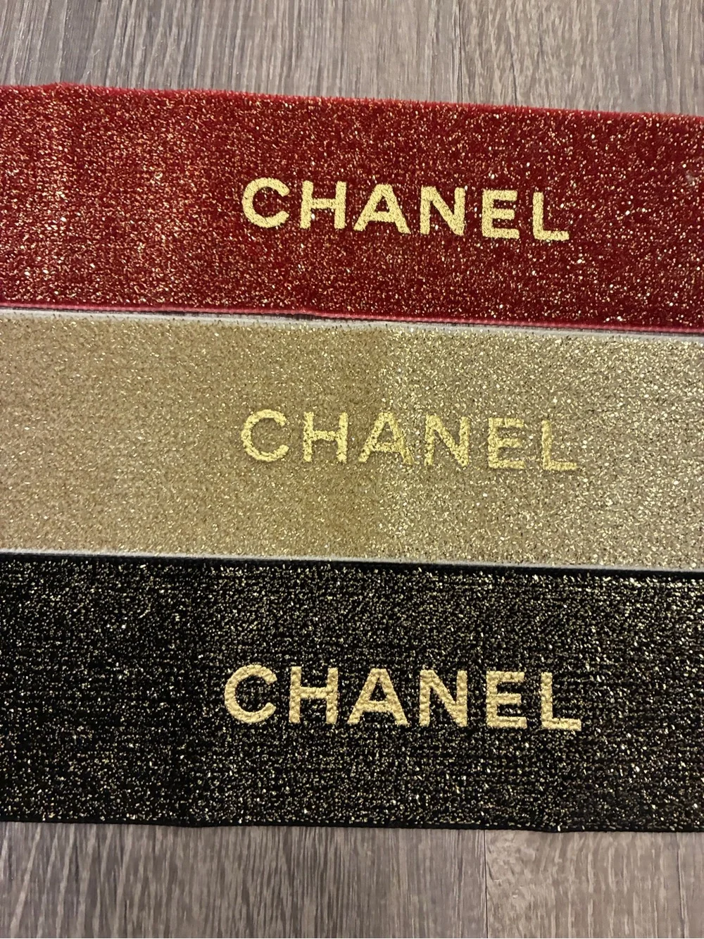 CHANEL Shimmering Glitter Red Gold Black Ribbon Gift Wrapping set of 3